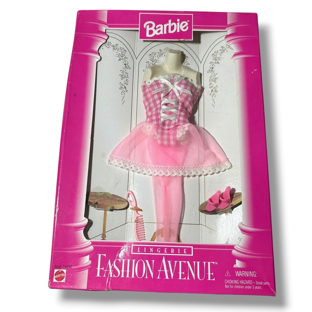 Vintage 1996 Barbie Fashion Avenue Lingerie Pink Gingham Nighty Set Mattel 14292